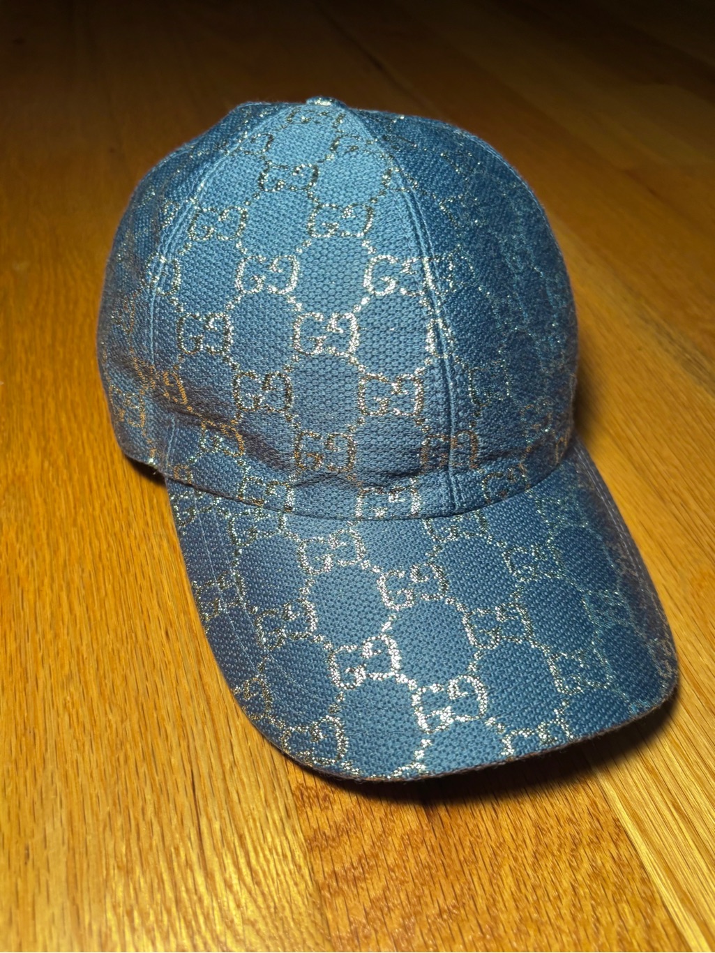 Gucci Blue Silver Metallic Gg Canvas Baseball Hat, Like New